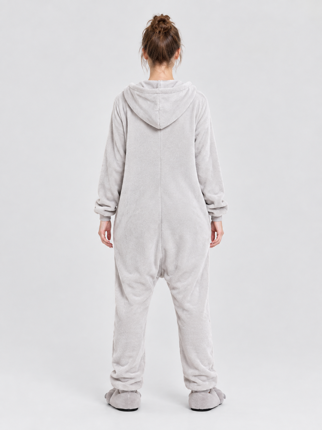 Gray and White Flannel Hooded Pajama Jumpsuit