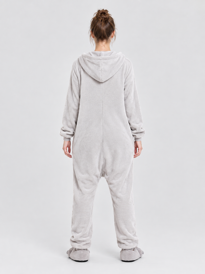Gray and White Flannel Hooded Pajama Jumpsuit