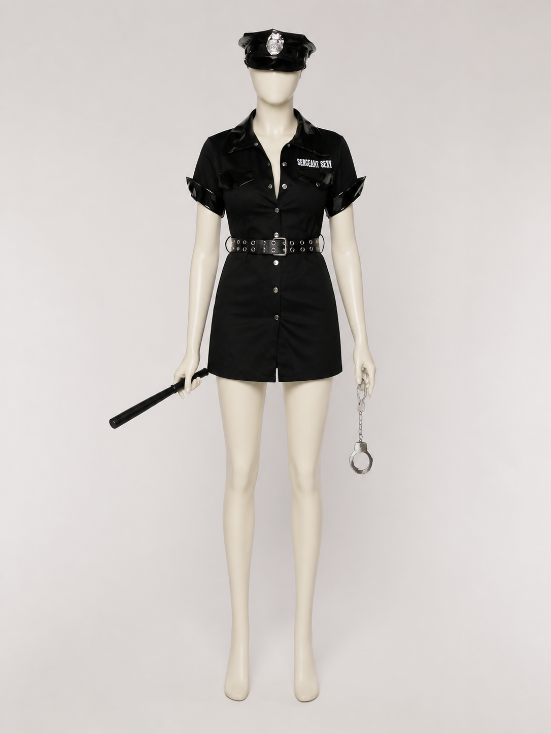 Women's Police Costume Set, Short-Sleeve Collared Bodysuit Dress with Belt, Hat