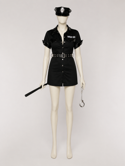 Women's Police Costume Set, Short-Sleeve Collared Bodysuit Dress with Belt, Hat