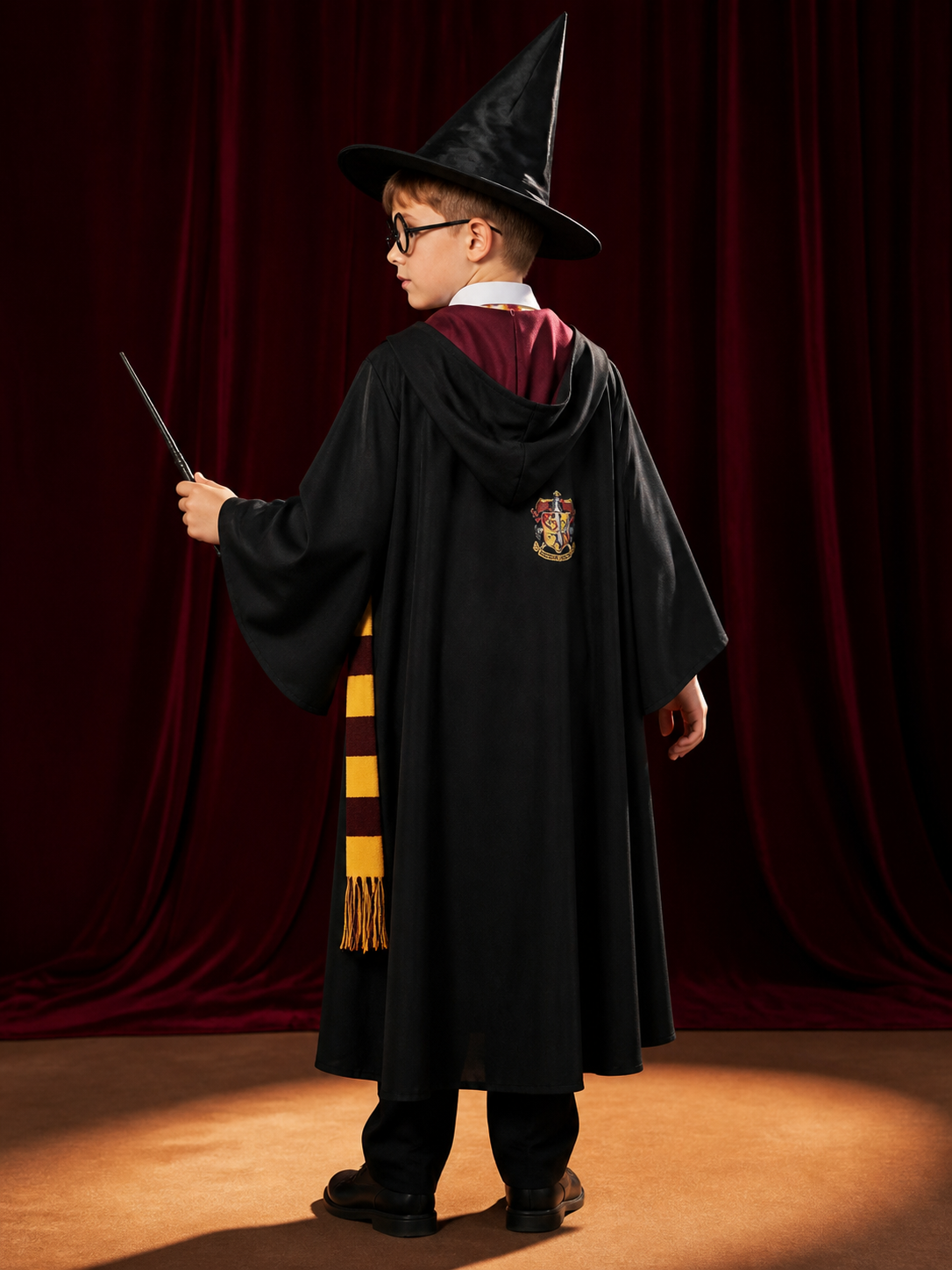 Wizard Costume Set, Hooded Cloak, Pointed Hat, Tie, Scarf, Wand and Glasses for
