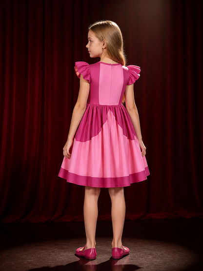 Kids Princess Peach Pink Ruffle Sleeve Dress Costume with High Waist back view