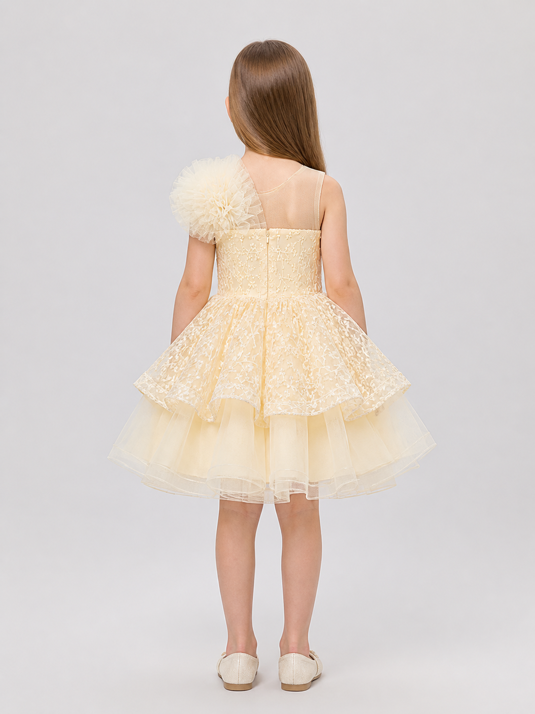 Girls' Formal Dress with Lace Embroidery and Train back view