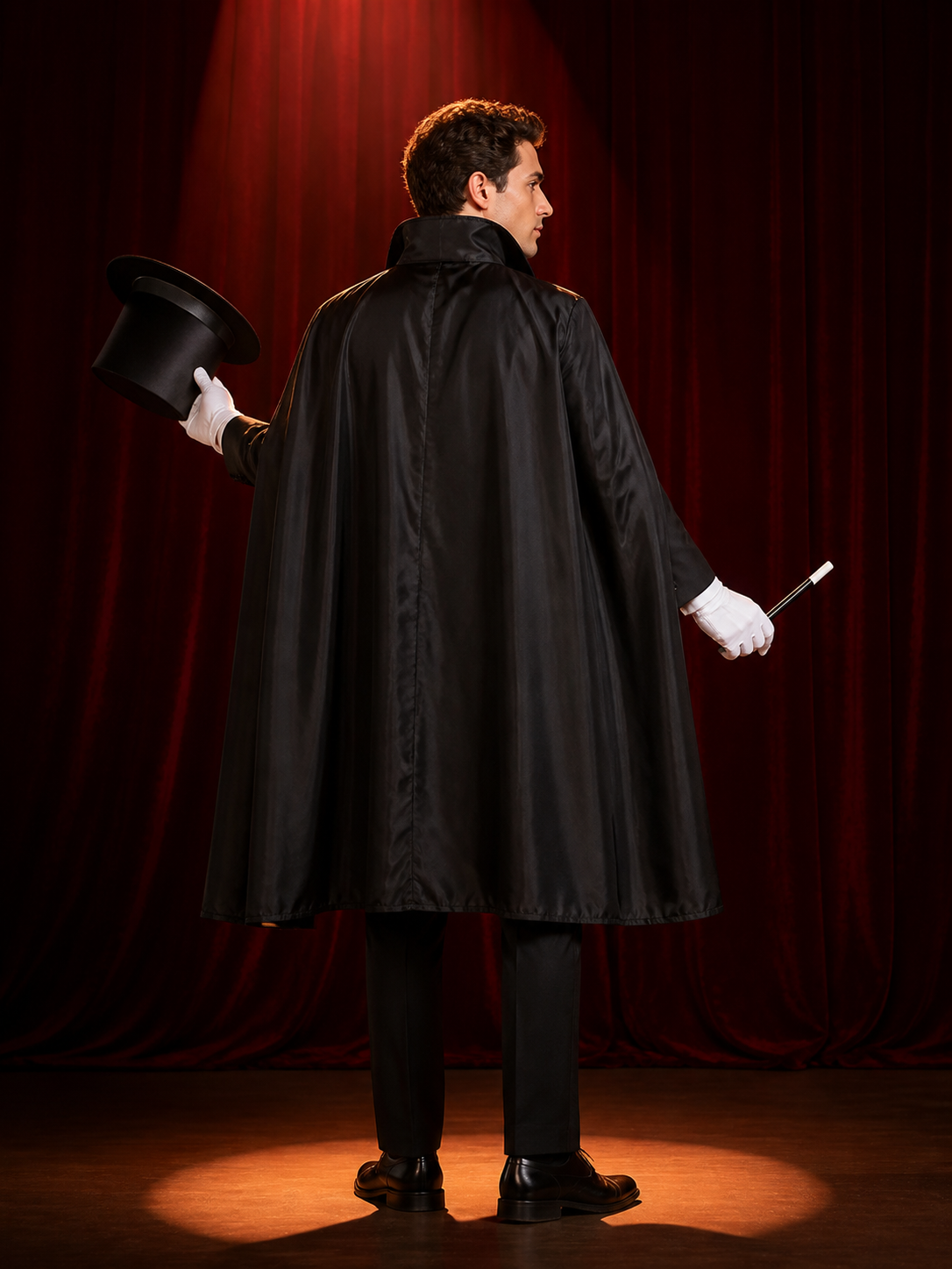 Wizard Halloween Costume Set with Black Cape, Top Hat, Gloves & Magic Wand back view