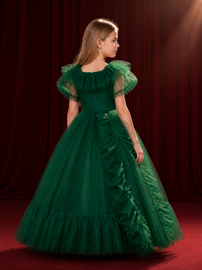 Girls' Green Princess Dress, Ruffled Puff Sleeve Layered Tulle Formal Gown back view