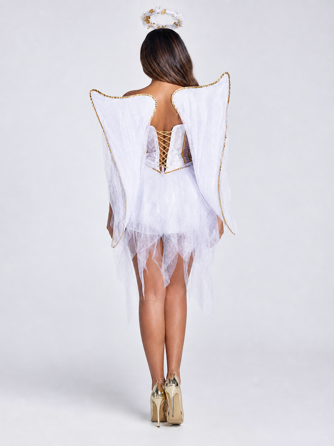 White-and-Gold Angel Costume with Wings and Halo
