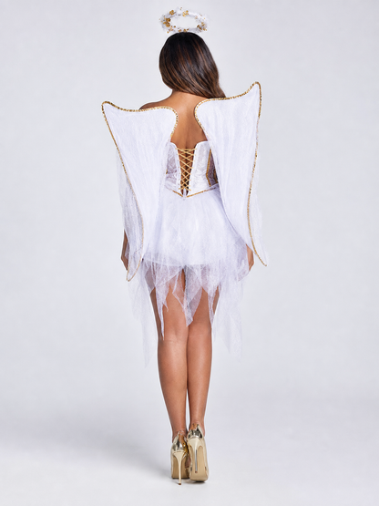 White-and-Gold Angel Costume with Wings and Halo