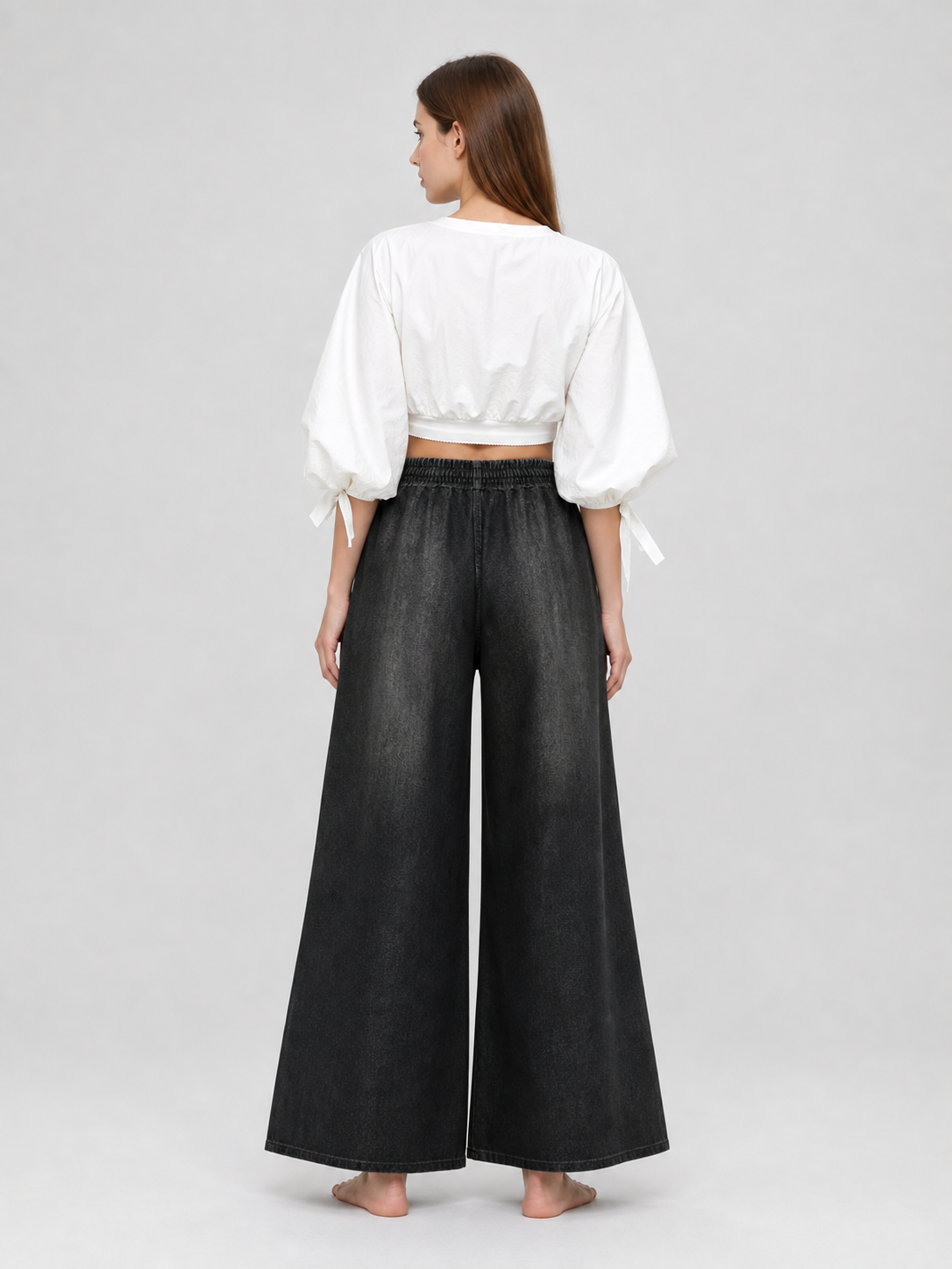 Solid Black Wide-Leg Pants with Elastic Waist and Contrast White Drawstrings back view 6