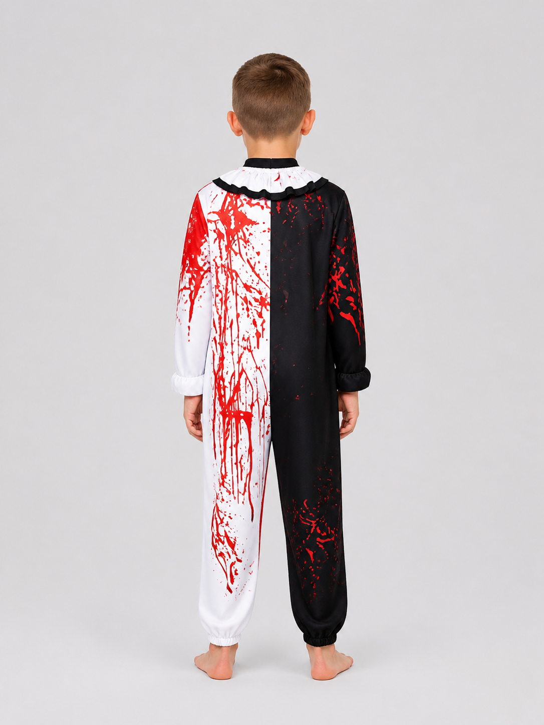 Clown cosplay costume, black and white with blood splatters back view