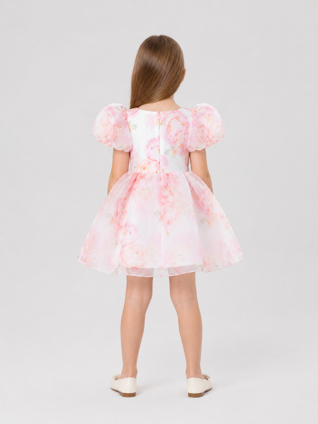 Princess Dress with Floral Print and Full Skirt back view