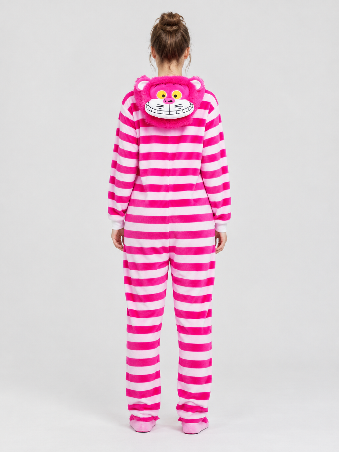 Bright pink hooded pajama jumpsuit with ears