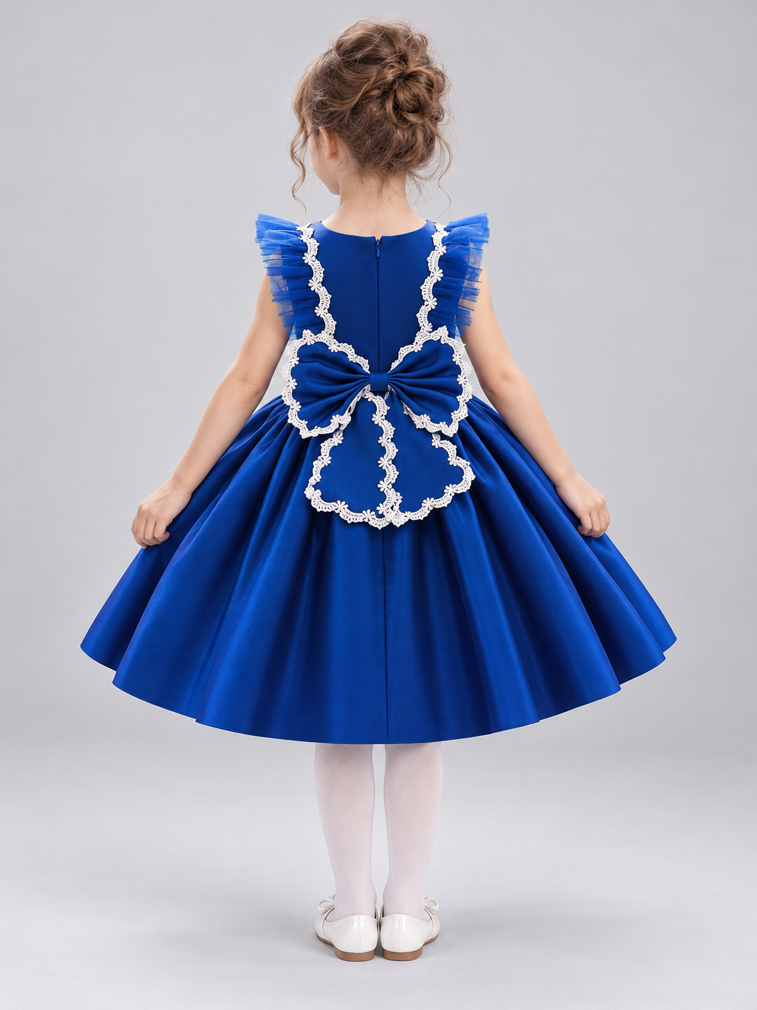 Bright Blue Children's Formal Dress with Bow and Lace