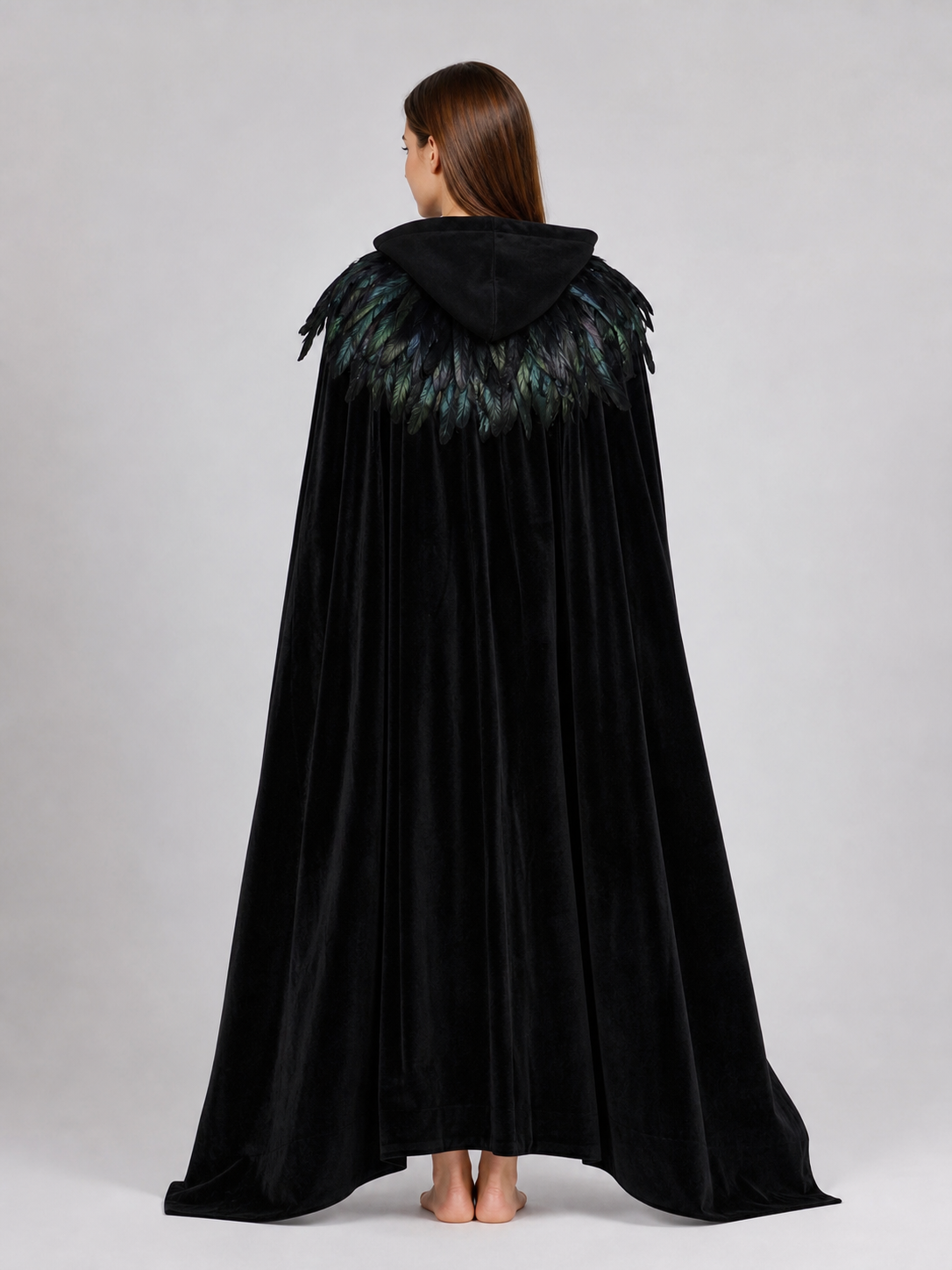 Black Velvet Hooded Cape with Feathers