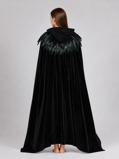 Black Velvet Hooded Cape with Feathers