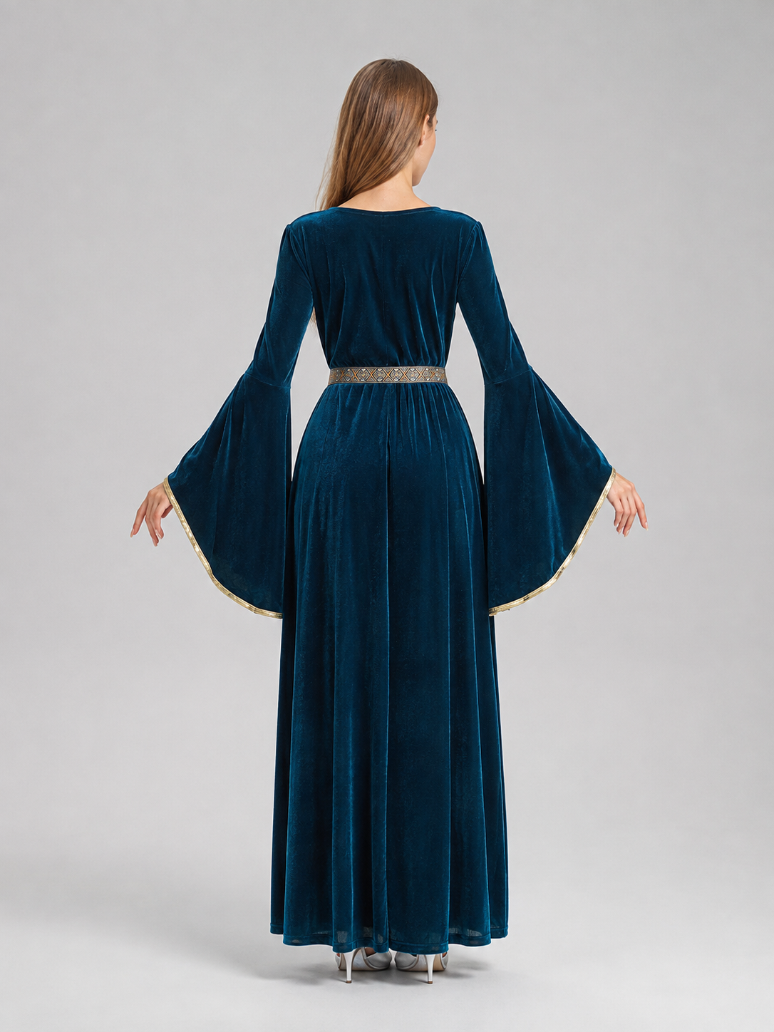 Floor-Length Velour Dress with Belt and Puff Sleeves back view