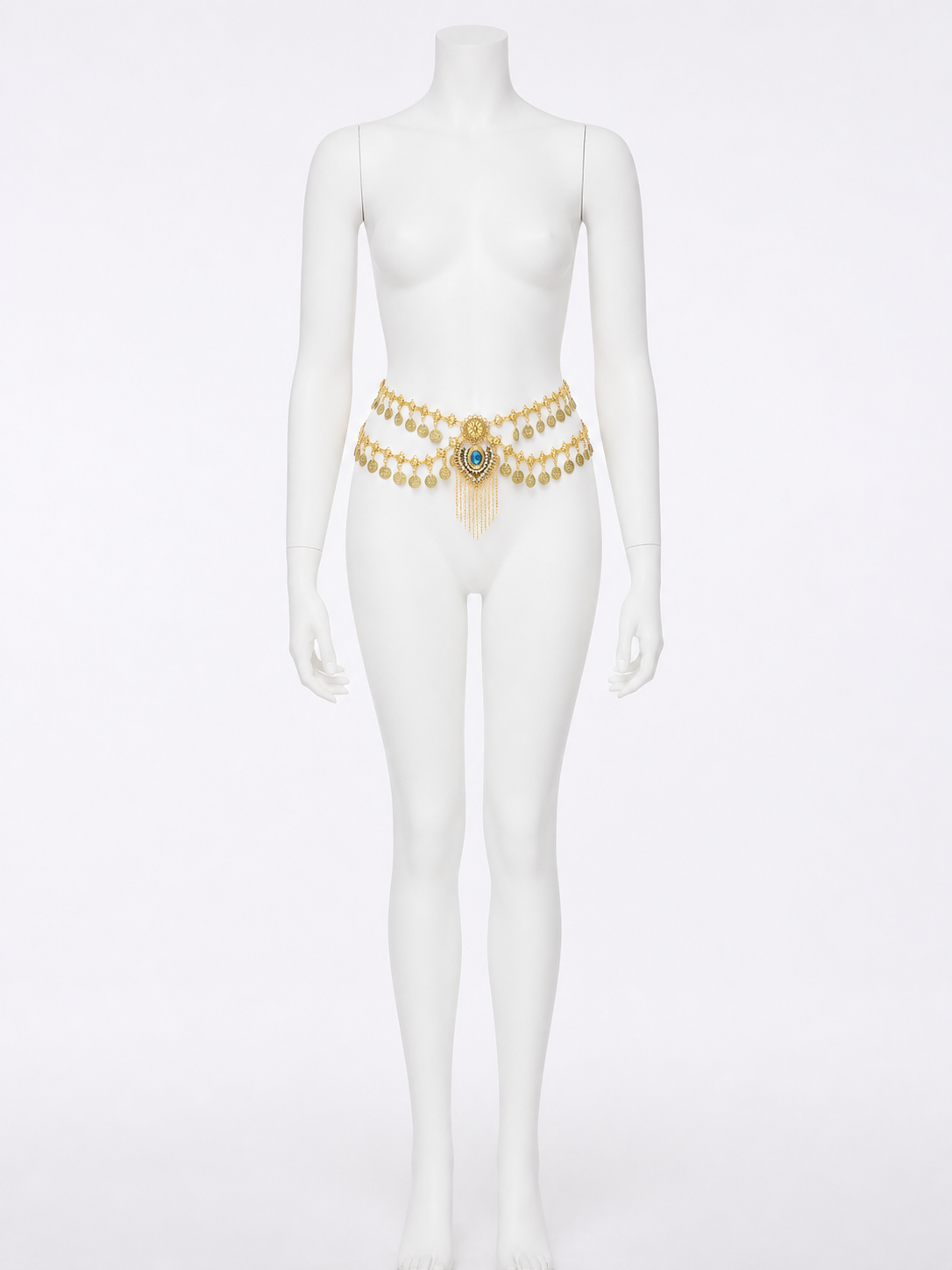 Egyptian Style Gold Waist Chain with Blue Gemstone Pendant and Tassel Chains back view