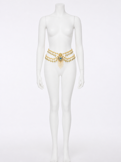 Egyptian Style Gold Waist Chain with Blue Gemstone Pendant and Tassel Chains back view