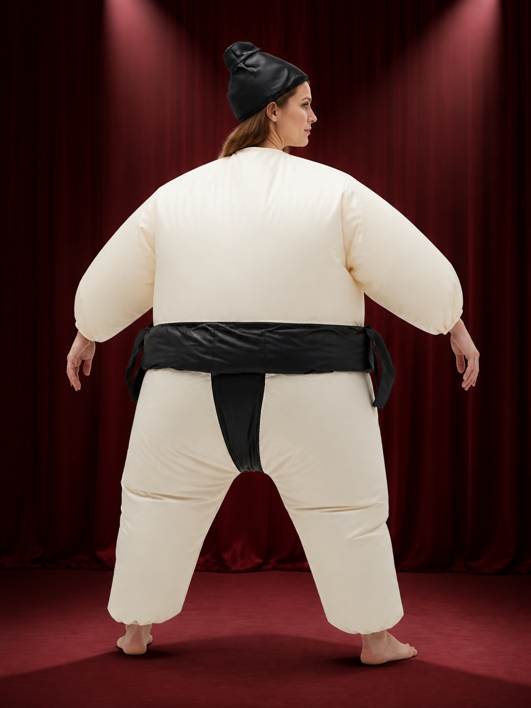 Inflatable Sumo Costume Set with Black Headgear, One Size Halloween Outfit back view