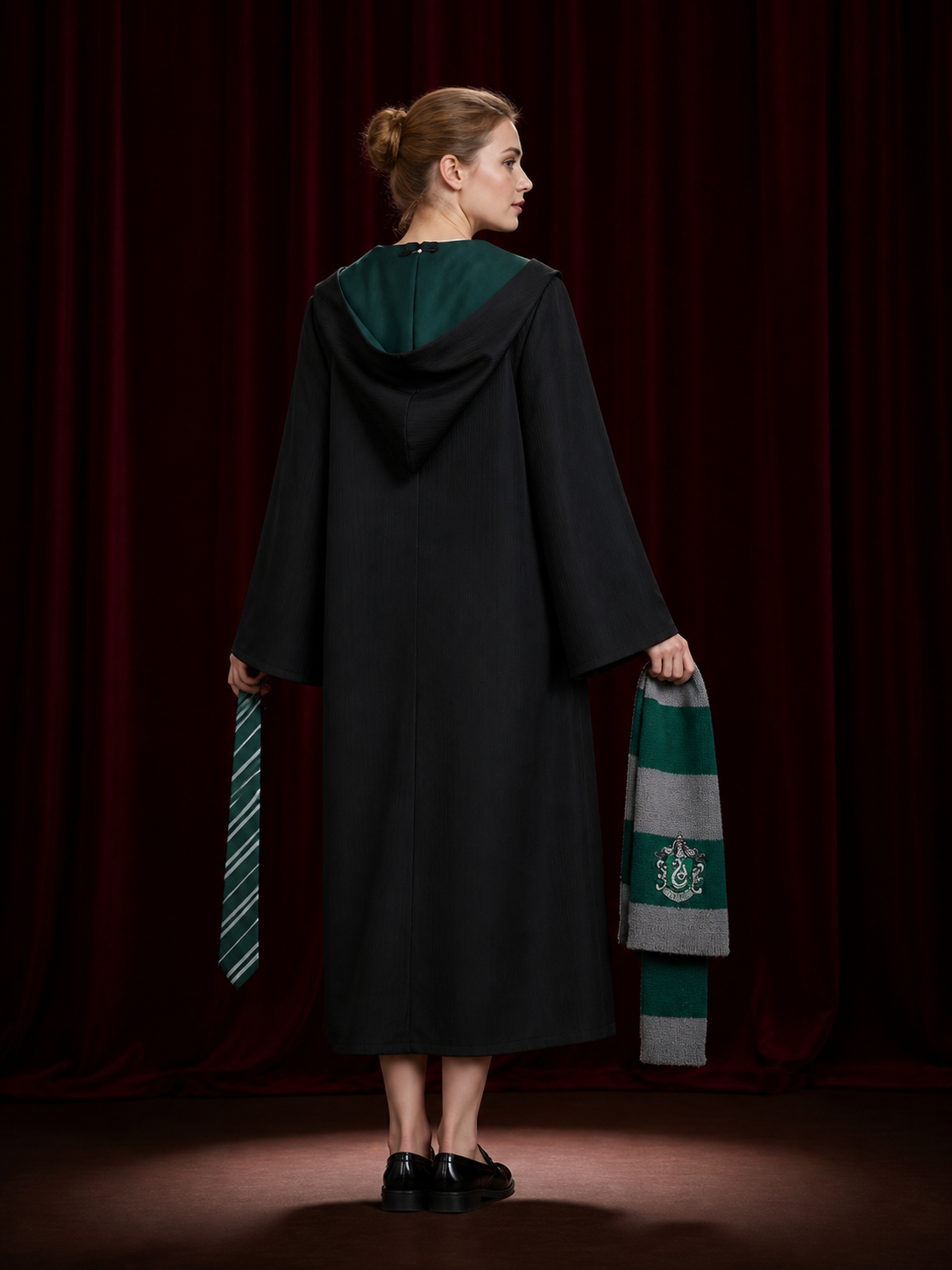 Slytherin Wizard Costume Set, Long Black Robe with Tie and Scarf, 3-Piece Outfit back view