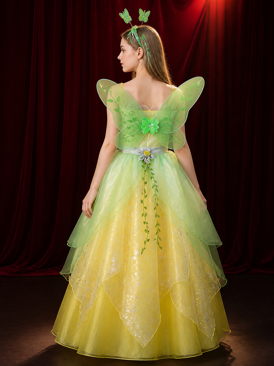 Girls Fairy Princess Costume Dress With Green Wings And Sequined Tulle Skirt back view