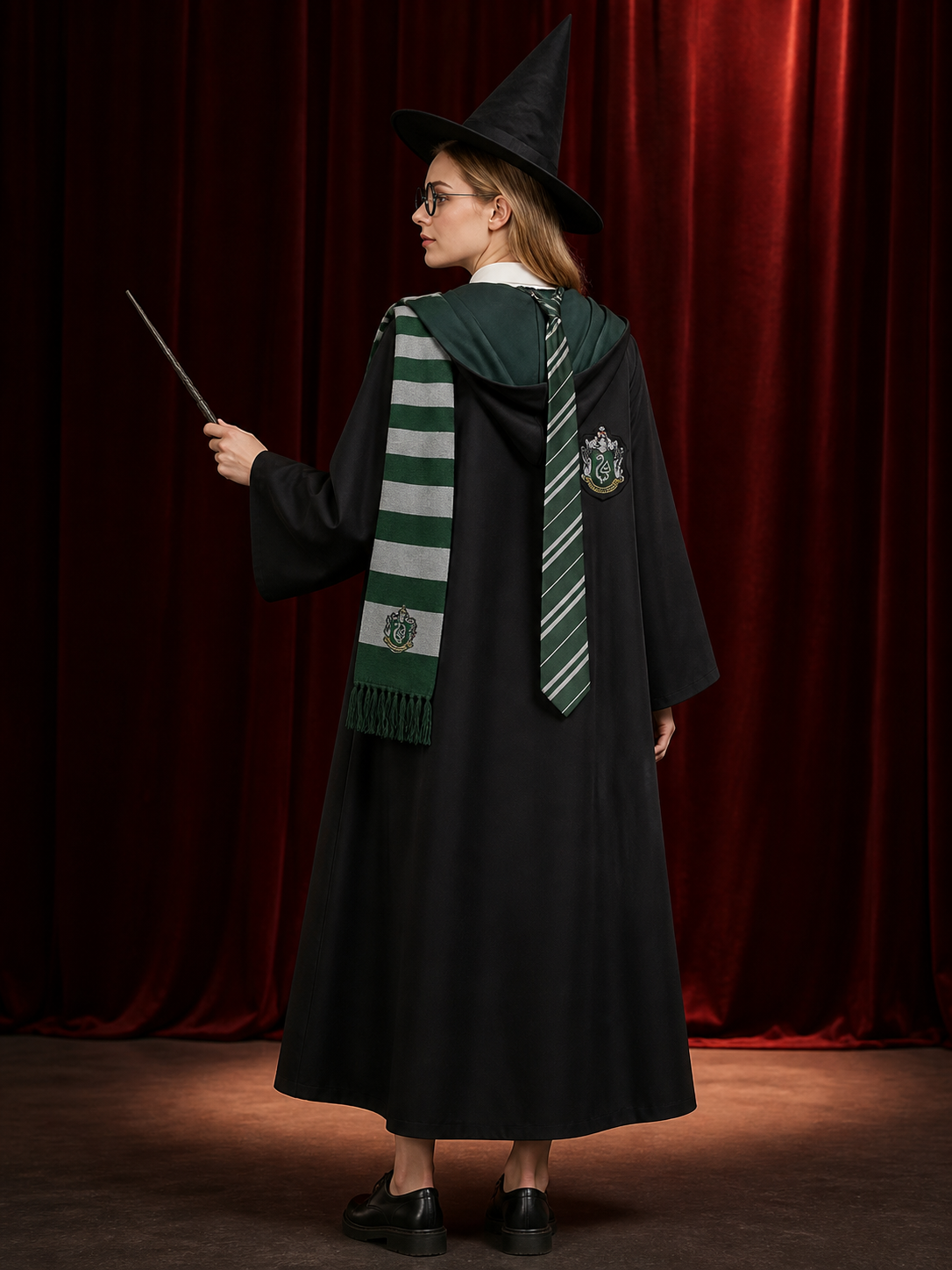 Green Wizard Costume Set: Hooded Robe, Hat, Tie, Scarf, Glasses & Wand back view