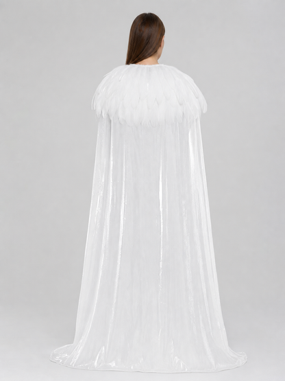 White Velvet Cape with Feather Trim, Maxi
