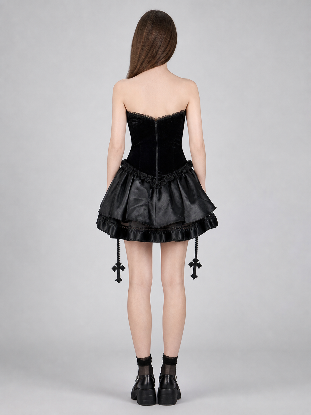 Black Gothic Dress with Lace and Decorative Details