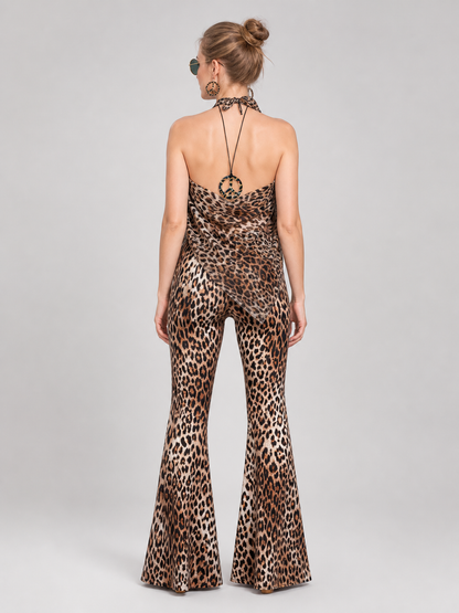 Leopard-Print Stage Costume with Flared Pants and Accessories back view