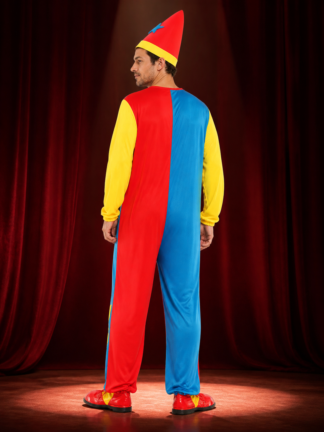 Unisex Clown Jumpsuit Costume with Hat, Colorful Star Print Outfit for Halloween back view