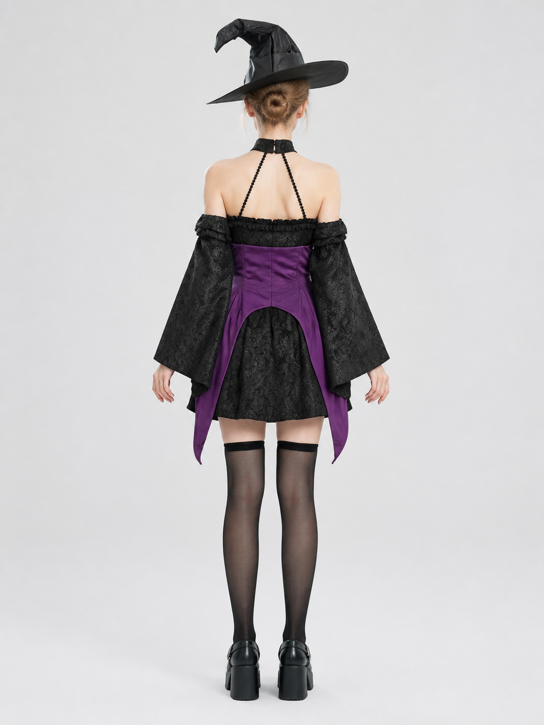 Black and Purple Witch Costume with Wide Sleeves back view