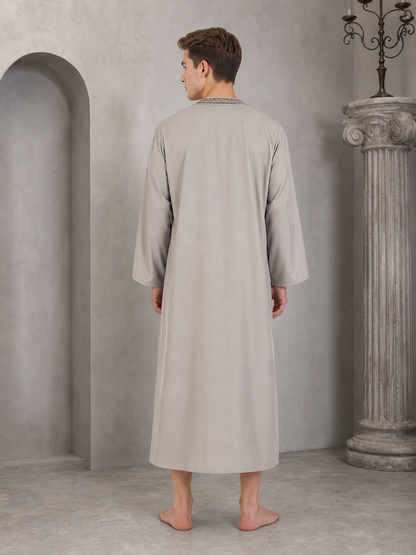 Modest Traditional Long Embroidered Robe, Loose Full-Length Design, Long Sleeves, Collarless Round Neck, Religious and Cultural Wear