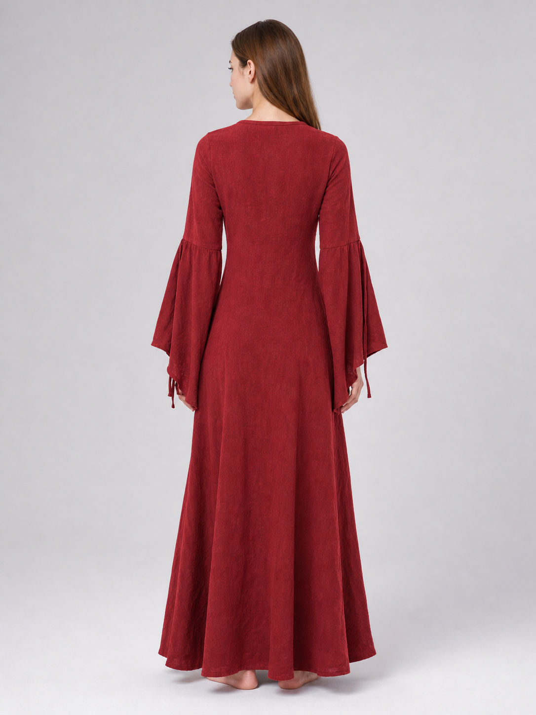 Burgundy Floor-Length Dress with Long Sleeves and Belt