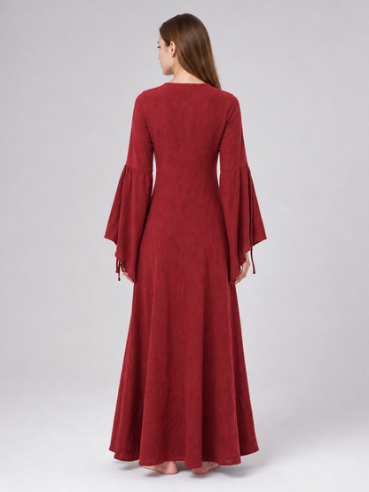 Burgundy Floor-Length Dress with Long Sleeves and Belt