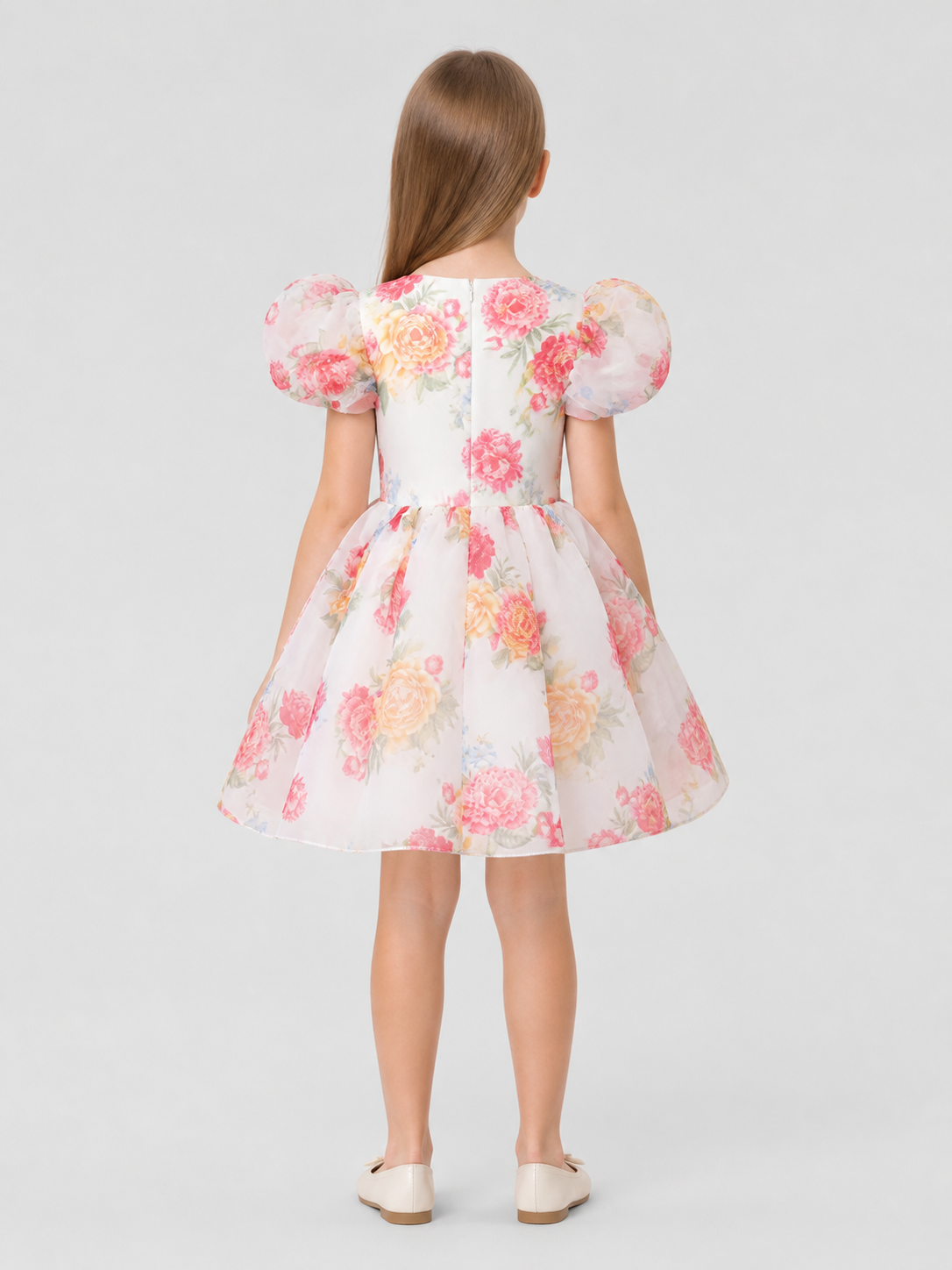Children’s Dress with Floral Print and Puff Sleeves