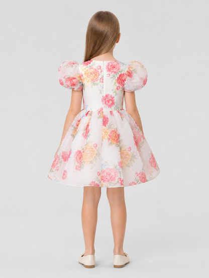 Children’s Dress with Floral Print and Puff Sleeves