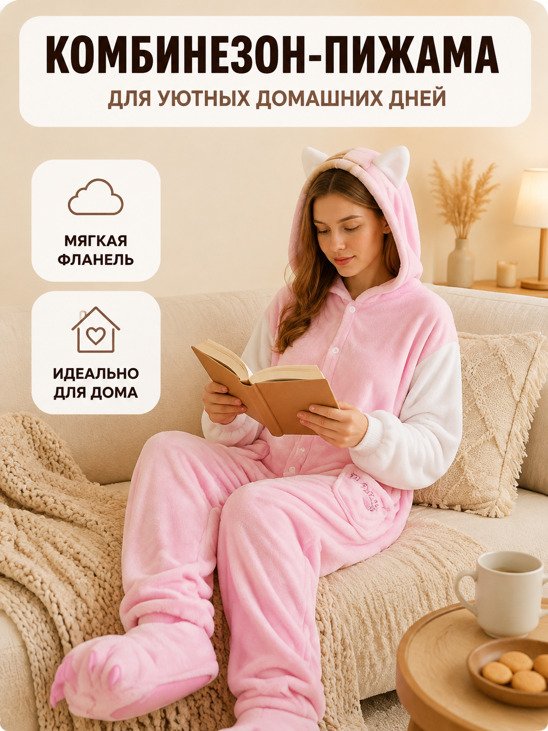 Pink Hooded Pajama Jumpsuit with Ears back view