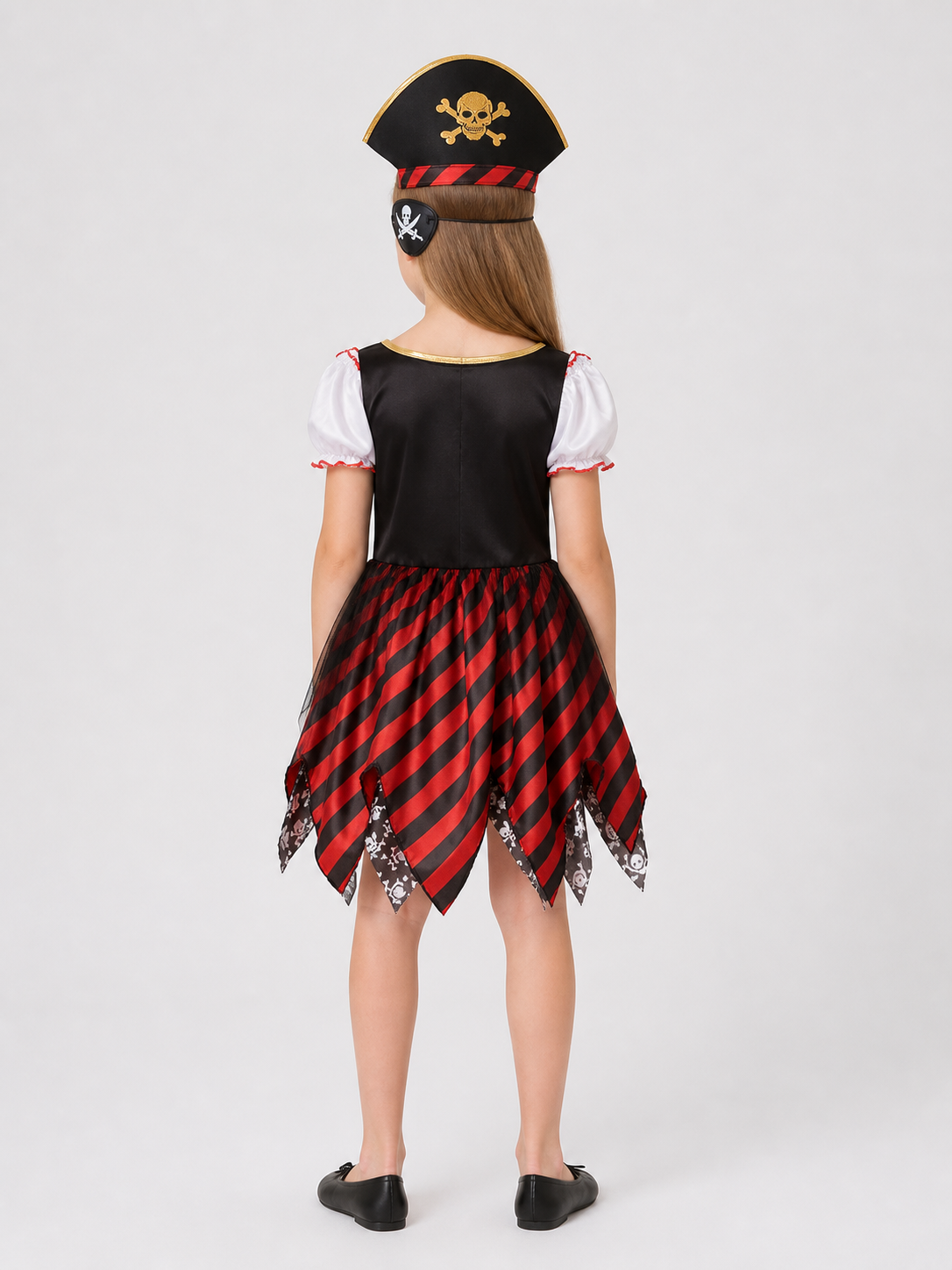 Kids' Pirate Costume: Striped Dress, Hat, and Eyepatch back view