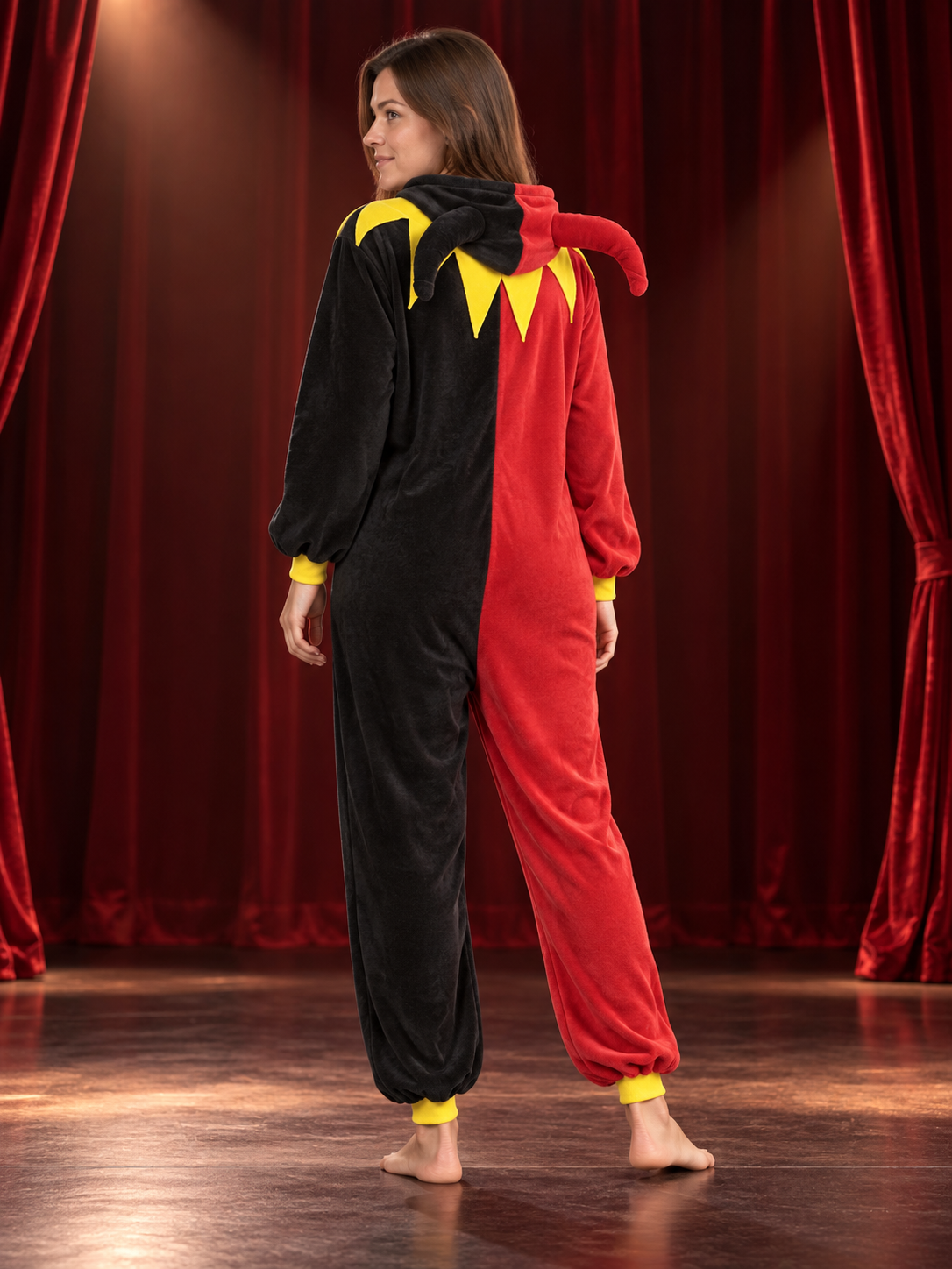 Red and black jester costume with yellow collar