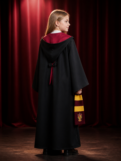 Gryffindor Wizard Costume Set with Hooded Robe, Tie and Scarf back view