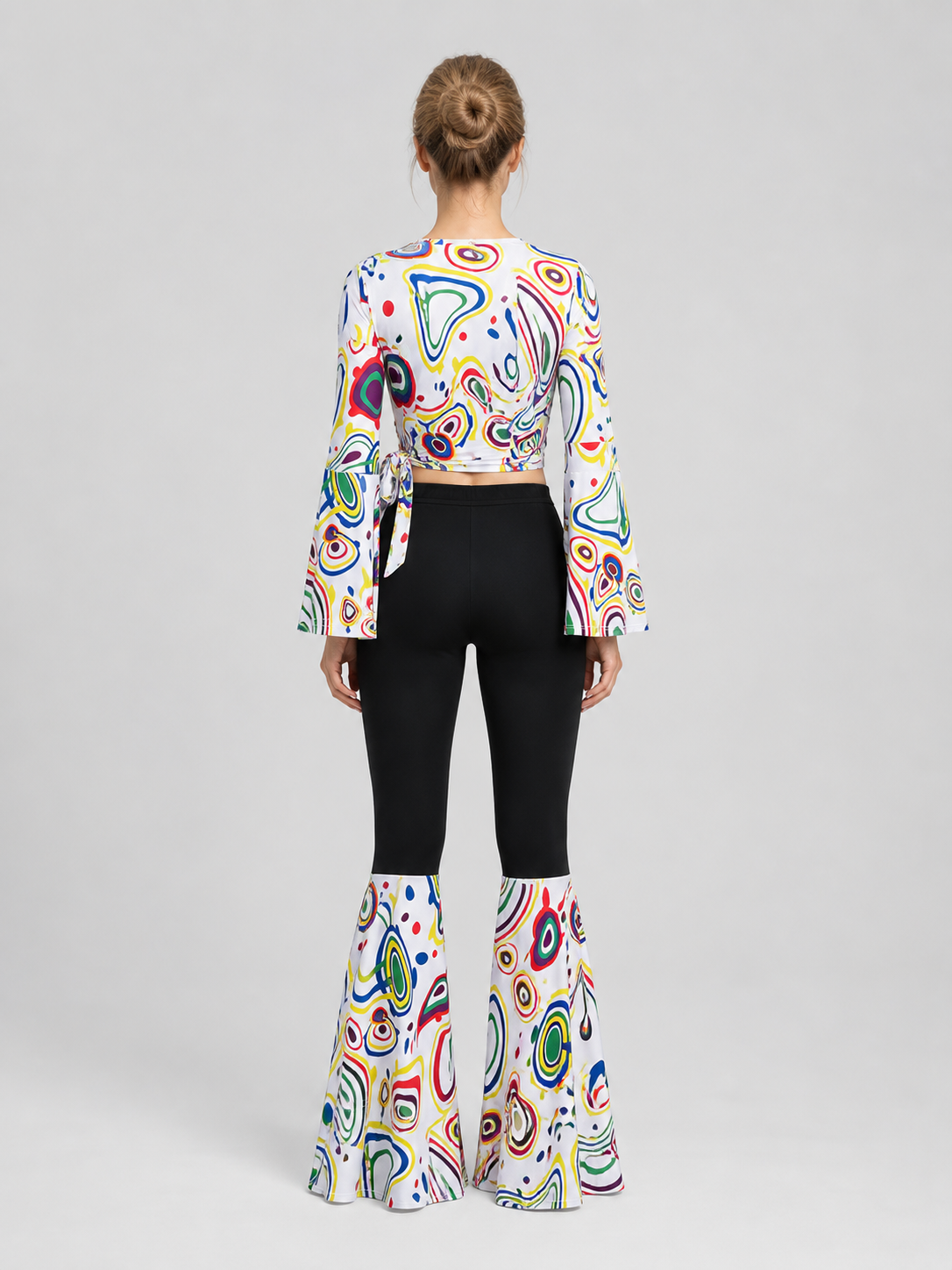 Retro Disco Costume: Wrap Long-Sleeve Top and Flared Pants back view