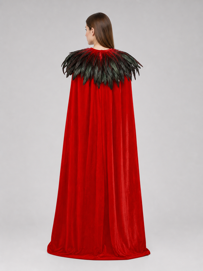 Red Velvet Cape with Feather Trim