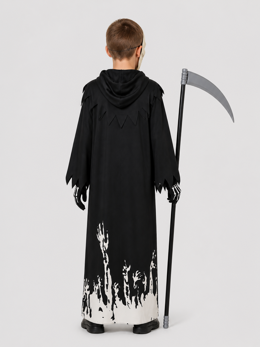 Gothic Grim Reaper Costume with Hood, Mask, and Scythe back view