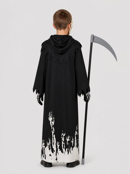 Gothic Grim Reaper Costume with Hood, Mask, and Scythe back view