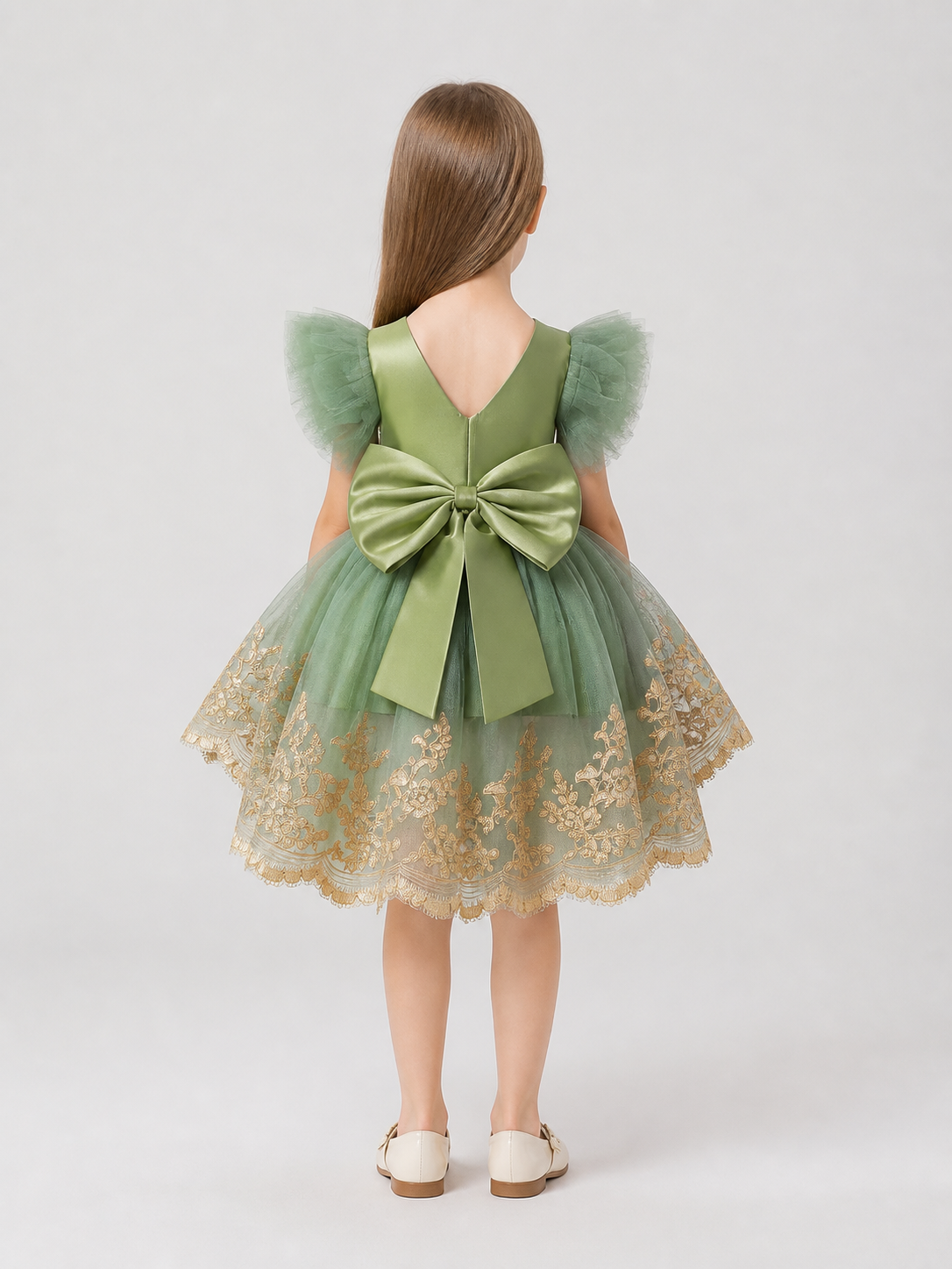Tutu Dress with Wings, Gold Embroidery, and Train back view