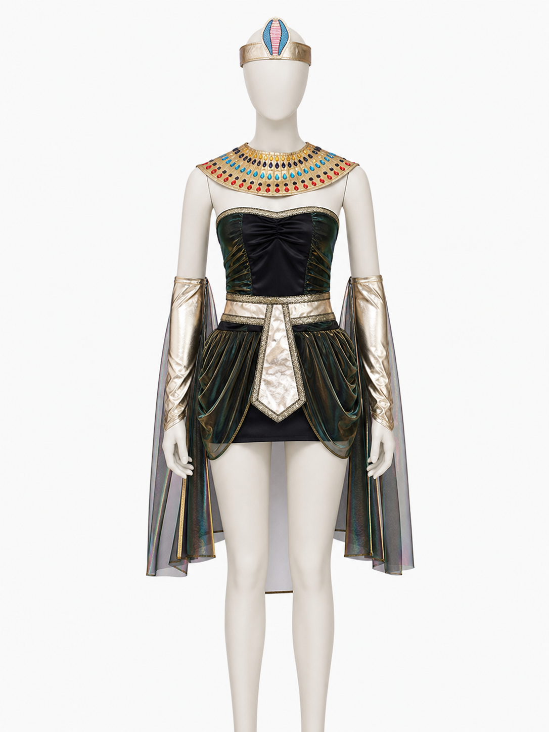 Egyptian Cleopatra Costume Dress Set with Headpiece, Shawl, Sleeves and Belt back view