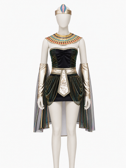 Egyptian Cleopatra Costume Dress Set with Headpiece, Shawl, Sleeves and Belt back view