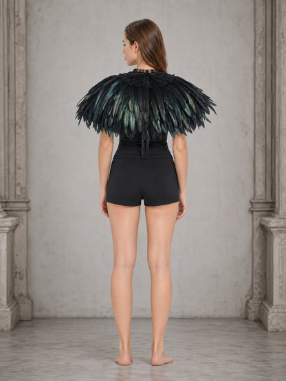 Halloween Costume Black Feather Cape with Lace Collar and Front Center Long Tie, Two-Layer Feather Trim, Shoulder Capelet for Cosplay Role Play Party