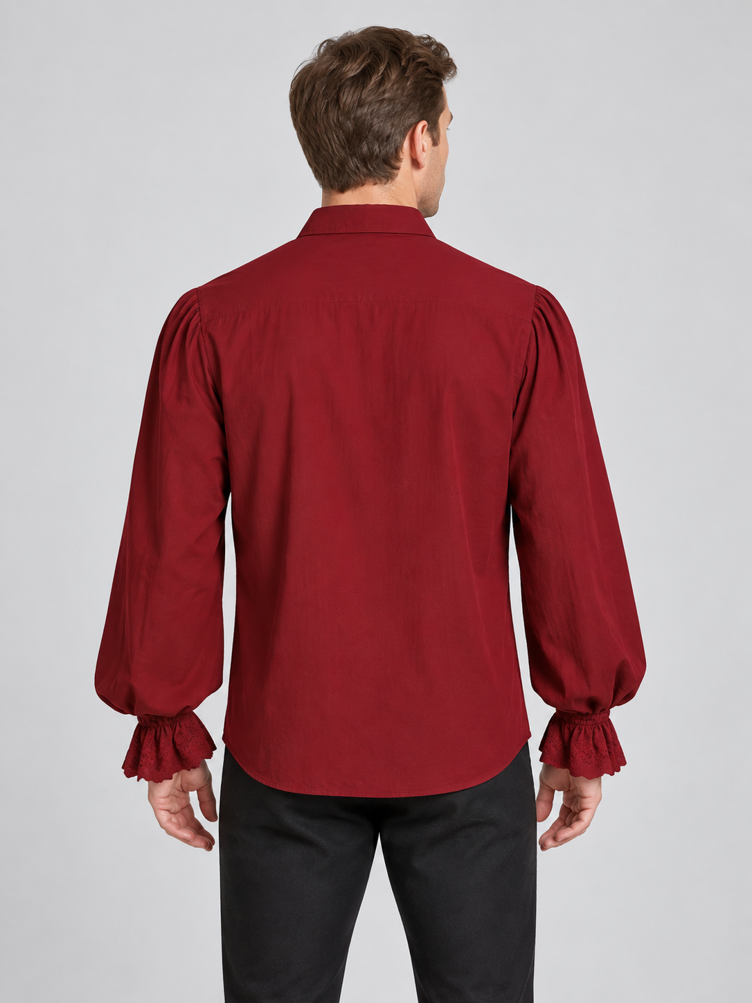 Red shirt with jabot, ruffles, and long sleeves