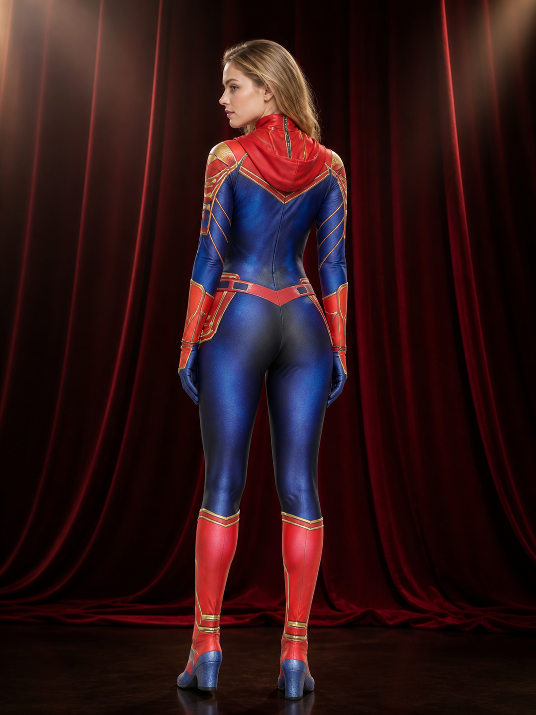 Adult Captain Marvel Bodysuit Costume, Long Sleeve High Neck Red Blue Gold back view