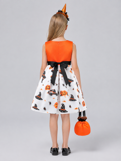 Children's Halloween Costume Dress with Pumpkin Print back view